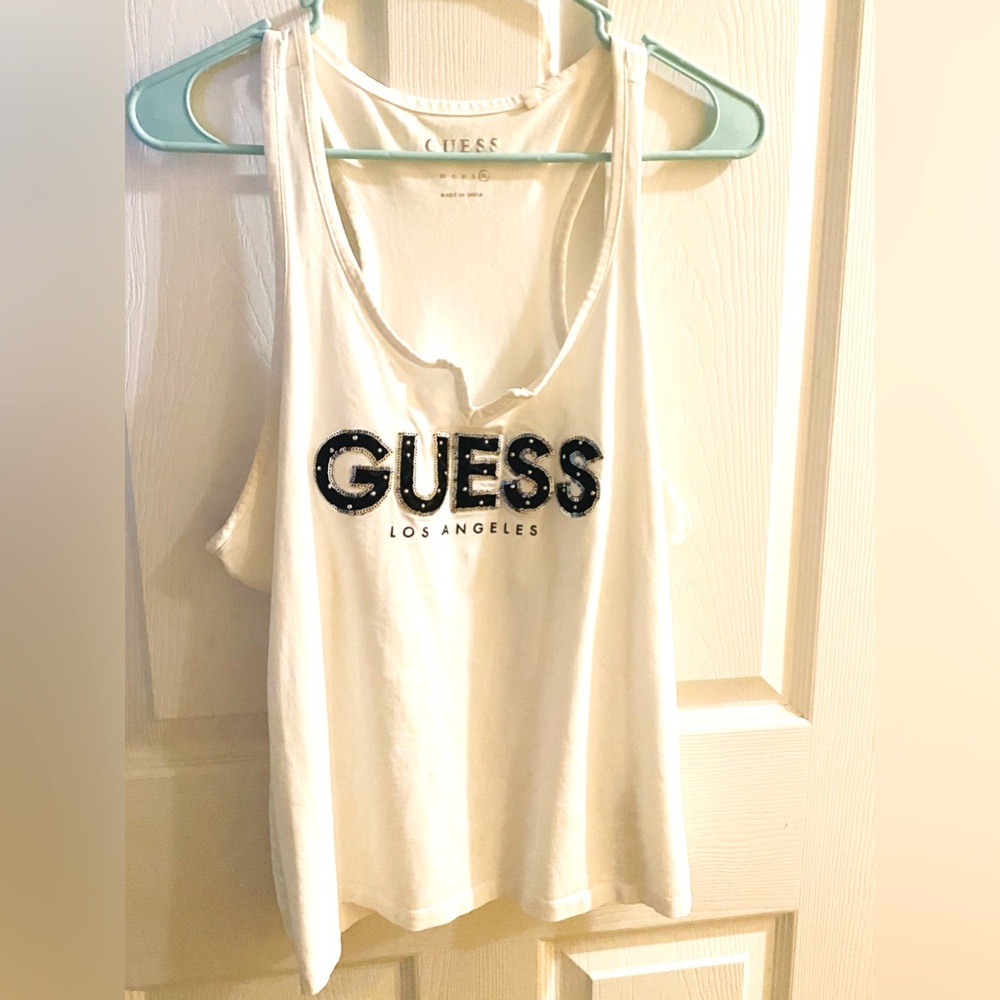 Hot cute GUESS tank. Black sequined letters! Can wear any time of year.